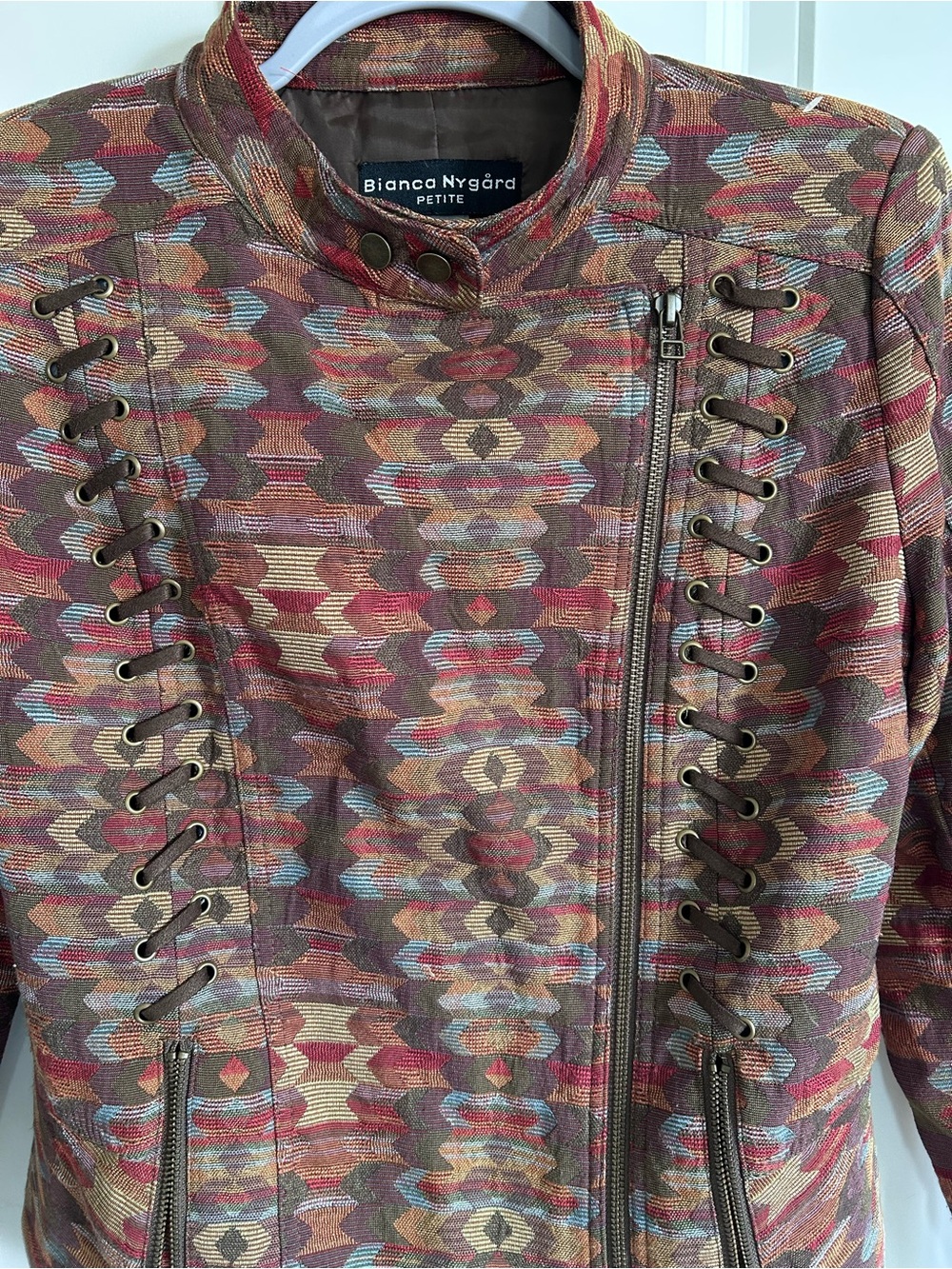 Bianca Nygård Multicolor Patterned Lace-Up Asymmetrical Zip Jacket Geometric - Picture 4 of 7